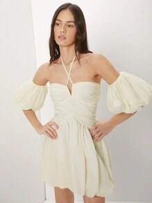 Enchnt Elegante Vestido De Halter Para Mujer Con Hombros Descubiertos, Con Volantes En Estilo Bodycon