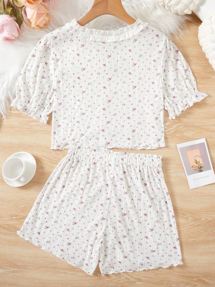 Teenage Girls' Lovely Floral Print Lace Trimmed Shorts And Short Sleeve Top With Bow Decoration, Comfortable Homewear Set