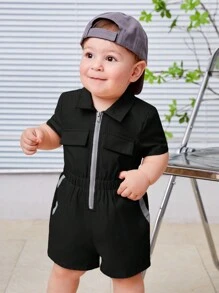 SHEIN Leap Crew Baby Boy Casual Zipper Front Short Sleeve Romper - Black - View 5