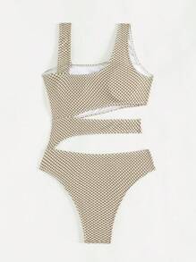 SHEIN Swim Women's One-Piece Swimsuit With Hollow Grid Pattern Summer