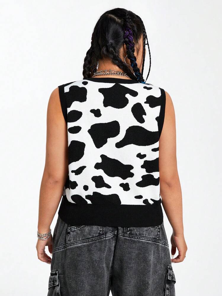 Casual Plus Size Women's Knitted Cow Print Jacquard Sleeveless Top