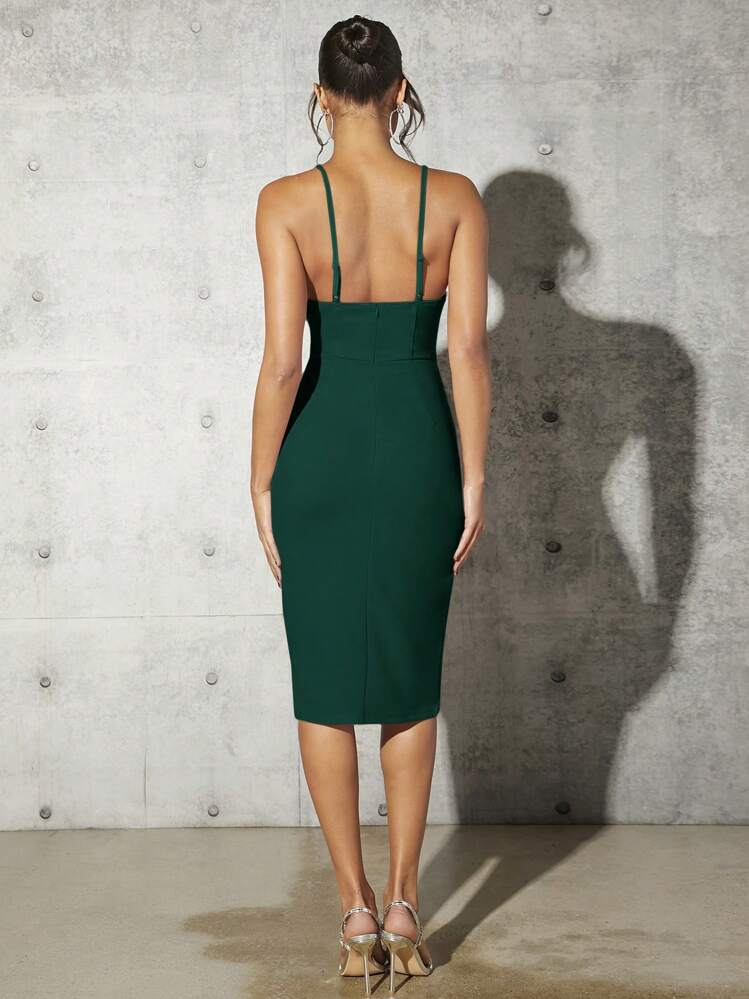 SHEIN BAE Vestido Camisero Plisado De Color Liso - Verde Oscuro - Añade 2