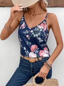 SHEIN Frenchy 女性花卉印花鏤空背心吊帶上衣,後背拼接設計 - 藏蓝色 - 查看 7