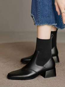 切尔西高跟踝靴女款春秋季新款弹力靴粗跟细筒袜靴 - 黑色 - 查看 1