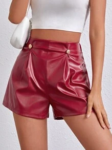 SHEIN Essnce Của phụ nữ chất liệu da PU Nút Đồ trang trí Quần short - Đỏ - Xem 4