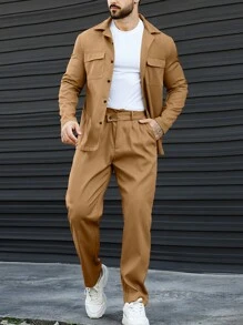Manfinity Homme Men's Solid Color Button-down Shirt And Straight Pants Two Piece Set - Khaki - View 1