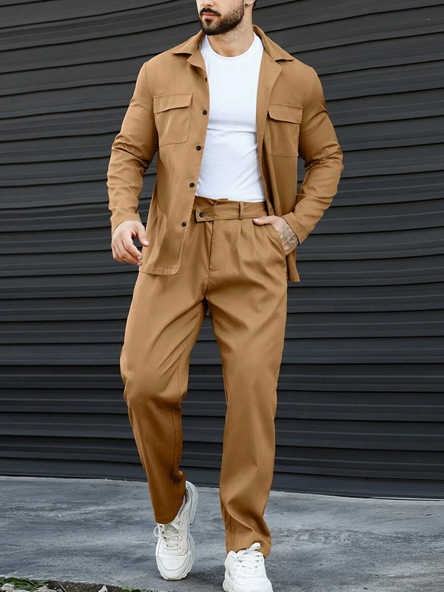 Manfinity Homme Men's Solid Color Button-down Shirt And Straight Pants Two Piece Set - Khaki - View 1