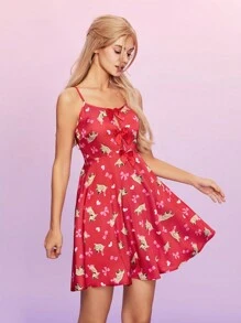 SCOOBY-DOO X SHEIN Women's Cartoon Printed Spaghetti Strap Sleeping Dress With Bow Decor