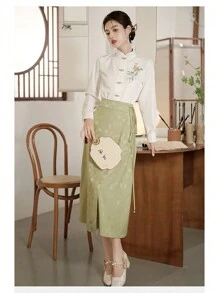 New Chinese Style National Style Wrap Tie Dynasty Blouse Waist Skirt - Mint Green - View 1