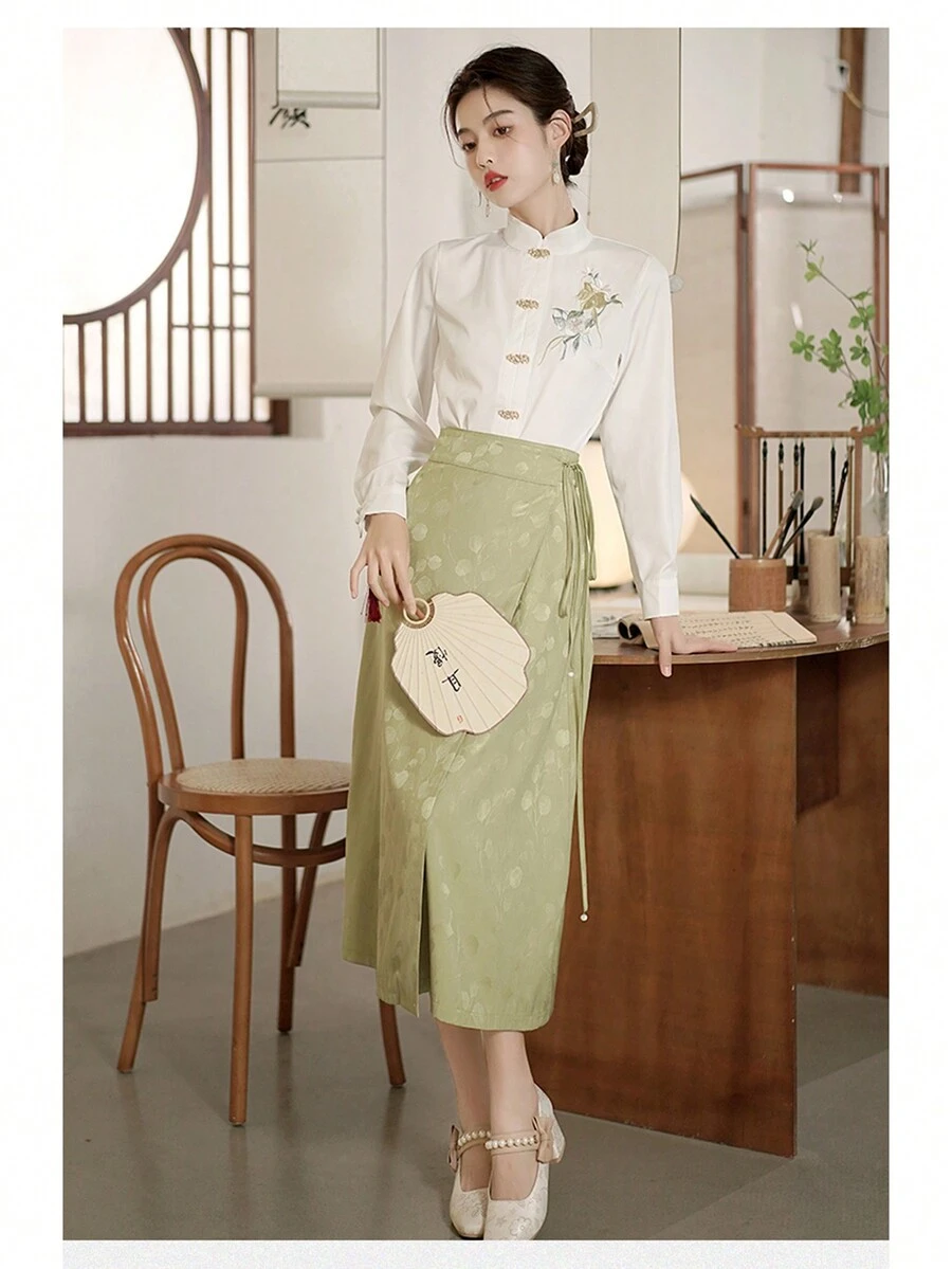 New Chinese Style National Style Wrap Tie Dynasty Blouse Waist Skirt - Mint Green - View 1