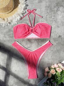 Swim Mod Summer Beach Women's Wavy Check Pattern Lace Trim Bandeau Bikini Set Valentine - Pink - View 3