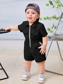 SHEIN Leap Crew Baby Boy Casual Zipper Front Short Sleeve Romper - Black - View 1