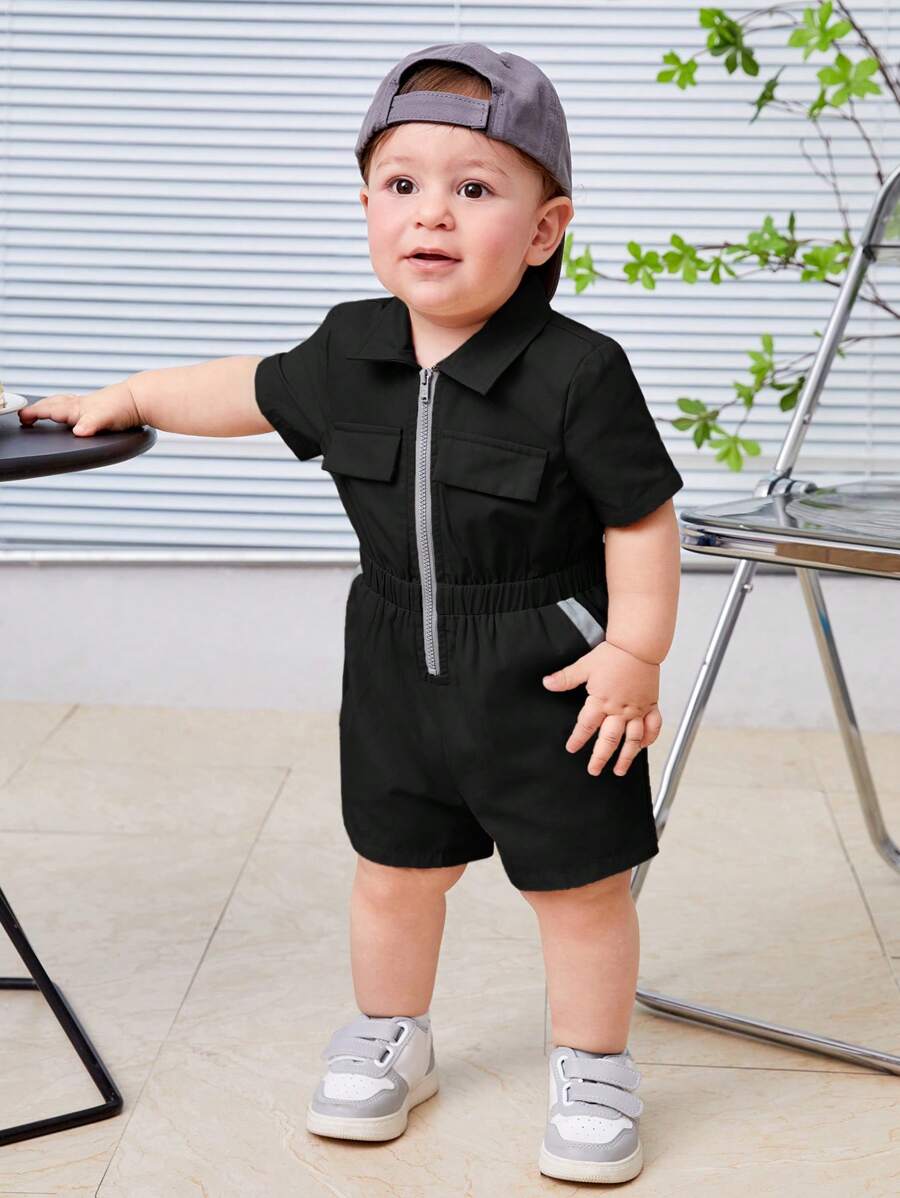 SHEIN Leap Crew Baby Boy Casual Zipper Front Short Sleeve Romper - Black - View 1