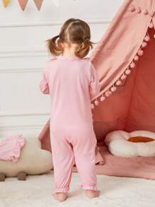 Baby Girl Ruffled Sleeve Romper With Hat, Home Wear - Pink - View 2