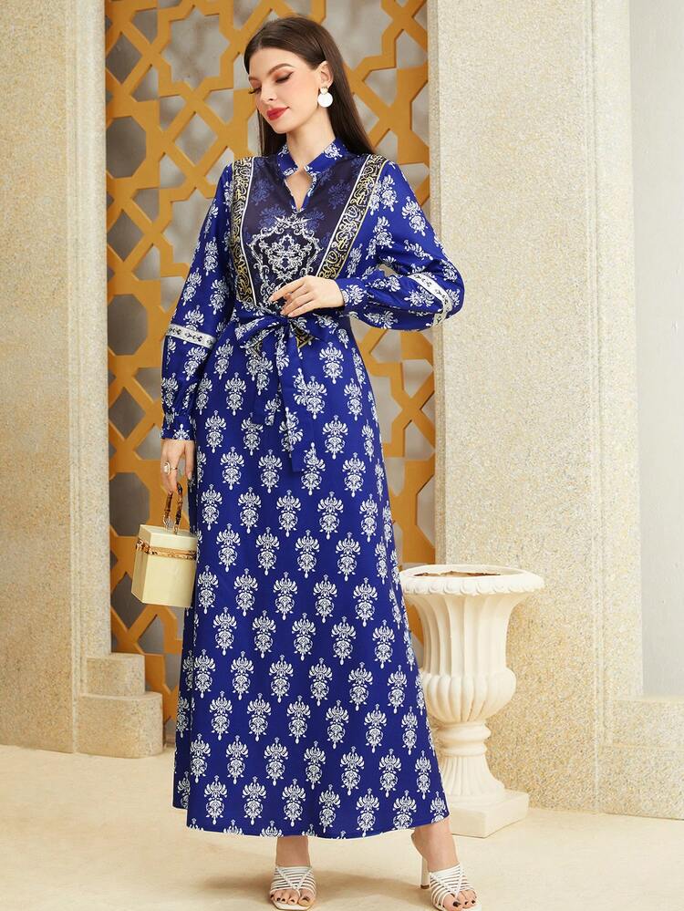 Women's Notch Neckline Long Sleeve All Over Print Dress