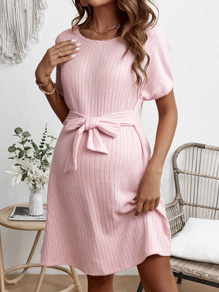 SHEIN Thai sản Mùa hè Ngày lễ Lỏng lẻo phù hợp Độ dài của đầu gối Đầm Với Tròn Đường viền cổ áo - Hồng - Xem 1