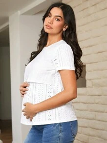 SHEIN Maternity Nursing Clothing Simple Round Neck T-Shirt For Home Wear - White - View 3