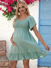 SHEIN Maternity Shirred-Chest Dress With Ruffled Hemline - Green - View 5