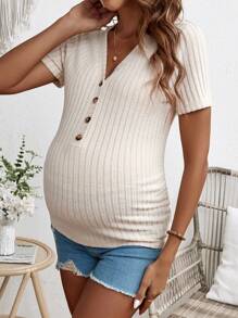 SHEIN Maternity Vacation Style V-Neck Long T-Shirt - Khaki - View 4