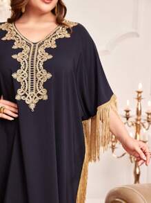 Al Najma Túnica Para Mujer De Talla Grande Con Encaje Soluble En Agua Y Mangas Murciélago Decoradas Con Flecos