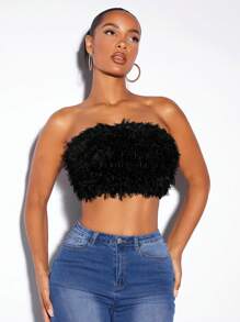 SHEIN BAE Solid Fuzzy Crop Tube Top - Black - View 6