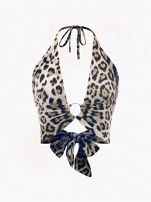 SHEIN Unity Women's Leopard Print Backless Halter Neck Tie Top Graphic Cheetah Print Tees Women Tops - Apricot - View 1