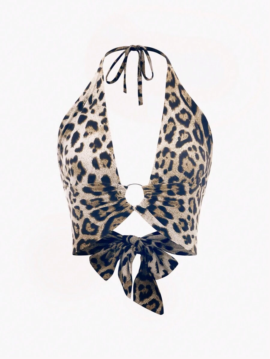 SHEIN Unity Women's Leopard Print Backless Halter Neck Tie Top Graphic Cheetah Print Tees Women Tops - Apricot - View 1