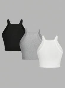 SHEIN EZwear 3入組純色短款休閒背心，夏季修身女士背心 - 彩色 - 查看 2