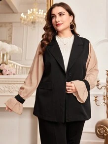 Modelyn Plus Size Women's Patchwork Ruffle Sleeve Blazer Fall Cloth For Women - Black - View 6