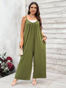 SHEIN LUNE Mono Informal Sin Mangas Con Tirantes Espagueti Para Mujer De Talla Grande - Verde militar - Ver 5