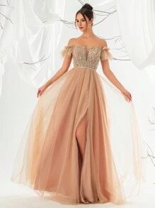 VIPGIRL Green Off-Shoulder Mesh Sequin A-Line High Slit Long Dress Evening Gown - Brown - View 1