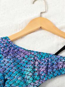 SHEIN 彩色不對稱人魚鱗片印花長袖上衣和喇叭褲年輕女孩休閒2件套裝 - 彩色 - 查看 3