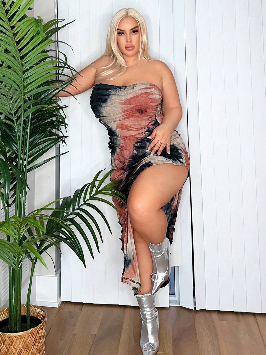 SHEIN SXY 大码荒原风格仿旧扎染纹理高开叉连衣裙扎染开叉大腿管紧身连衣裙春夏女装海滩度假女装波西米亚风女装生日装 - 彩色 - 查看 1