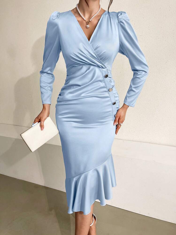 Women's Puff Sleeve Ruffled Hem A-Line Dress Fall Cloth For Women