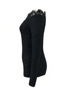 SHEIN Unity 女士露肩銀箔印花蕾絲拼接t恤 - 黑色 - 查看 3