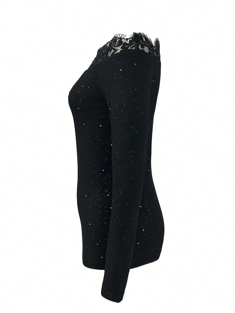 Ladies' Off Shoulder Lace Patchwork Tee Shirt With Silver Foil Print