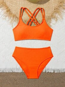 SHEIN Tween Girl Criss Cross Back Ribbed Bikini Set, Summer Beach Bathing Suit - Orange - View 5