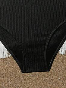 Tween Girl Spring/Summer Solid Color Ribbed Knit Two-Piece Bikini Set Summer Beach Kids Swimming ,Kids Beachwear - Black - View 3