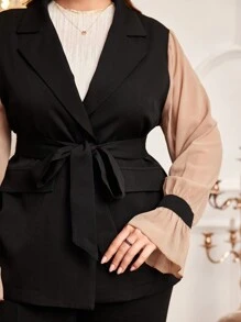 Modelyn Plus Size Women's Patchwork Ruffle Sleeve Blazer Fall Cloth For Women - Black - View 5