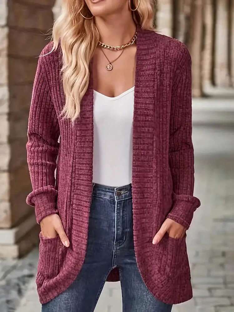 EMERY ROSE Ladies Ribbed Long Sleeve Open Placket Jacket Fall Winter Cloth For Women - Burgundy - View 1