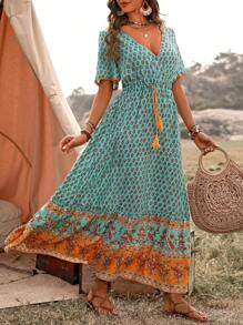 EMERY ROSE Women's Floral Print Waist-Tie Ruffled Short Sleeve Dress Maxi Women Outfit - Green - View 3