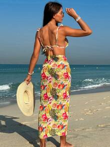 SHEIN Swim Women's Tropical Fruit Printed Ruffle Trim Bikini Set, Bikini Set Swimwear Bathing Suit Beach Outfit Summer Vacation Summer Beach