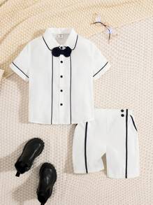 Jungen Formeller Anzug Zwei Stück Set, Beinhaltet Luxuriöses Gewebtes Fliege Dress Hemd Und Shorts