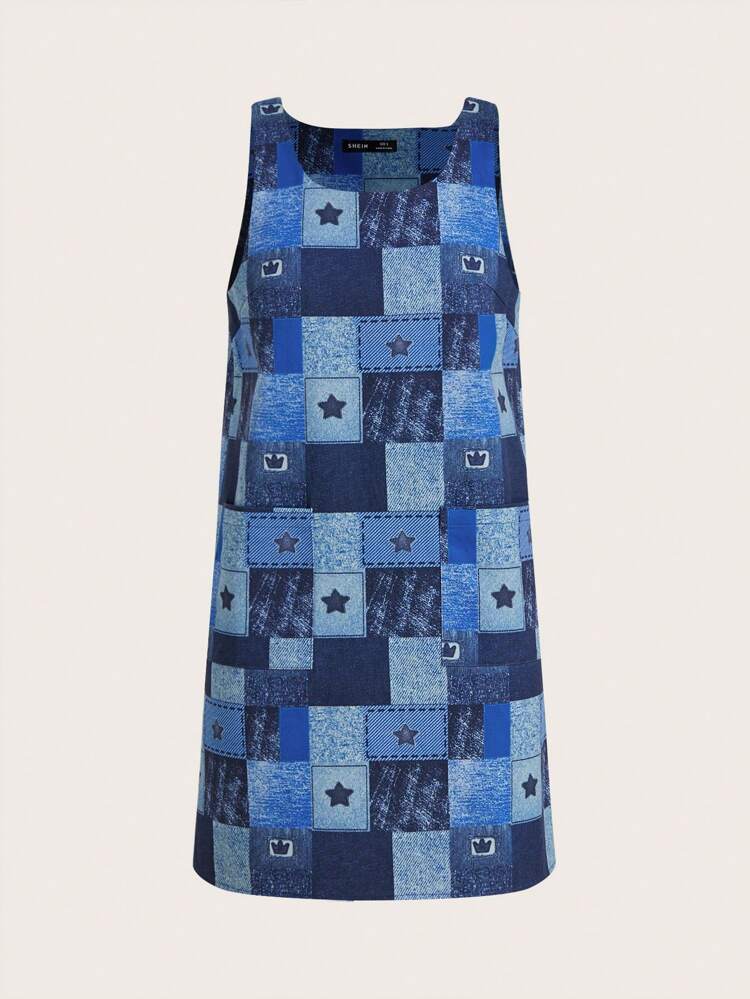 Women's Blue Sleeveless Star Patchwork Pattern Printed Summer Dress