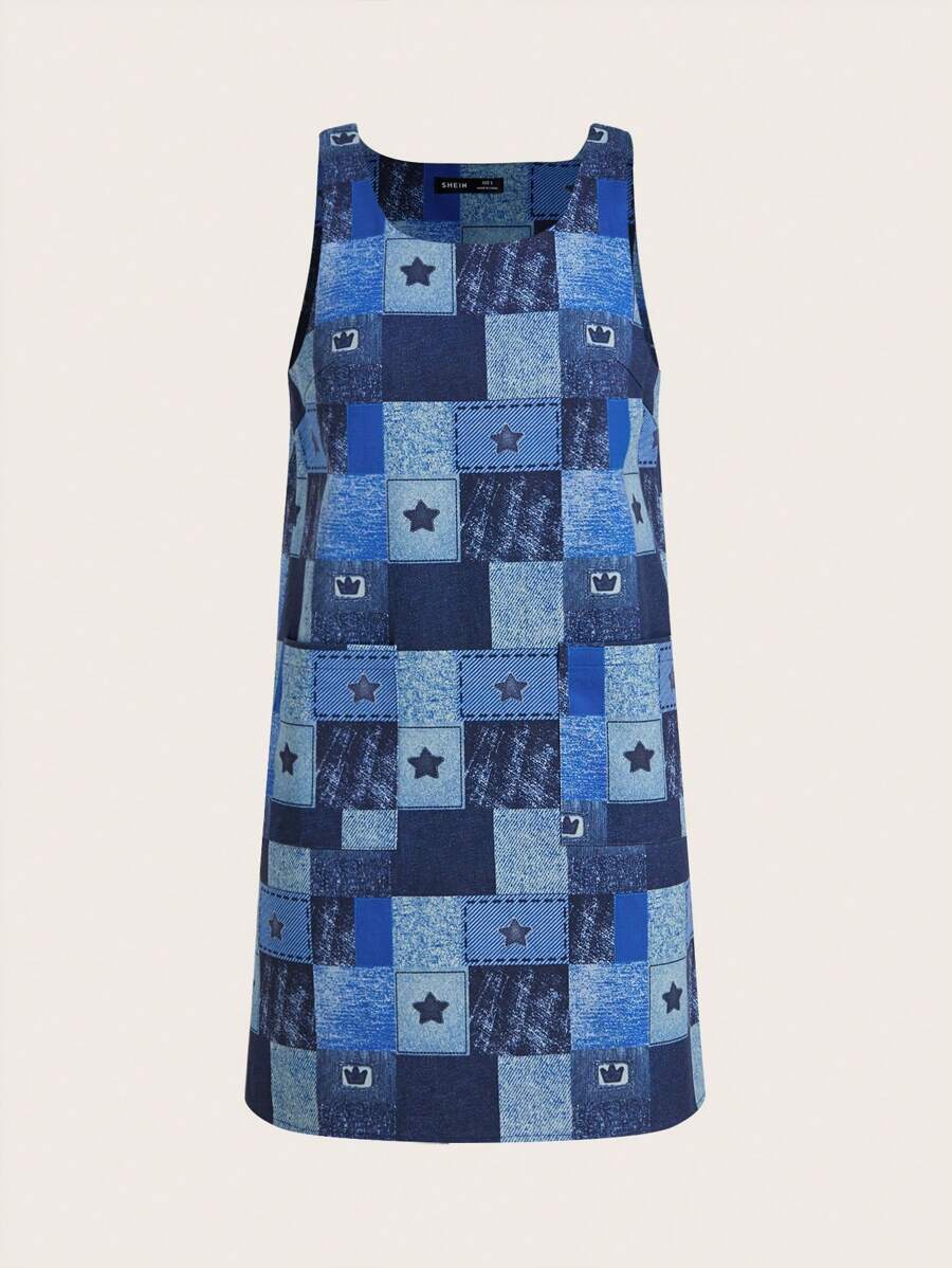 SHEINNeu Women's Blue Sleeveless Star Patchwork Pattern Printed Summer Dress