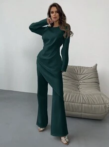 Aloruh Damen Set aus asymmetrischem Saum Top Einfarbig und weiten Hosen - Grün - Übersicht 3