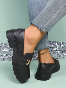 Women's Buckle Design Flat Loafers Black Boat Shoes (Patterned Shoe Upper Is A Normal Feature) - Black - View 3