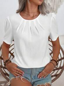 SHEIN LUNE Puff Short Sleeve Blouse With Round Neckline,Short Sleeve Tops - White - View 7