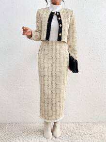 SHEIN Privé Tương phản màu Thô Len Áo khoác Và Bộ váy - Màu be - Xem 5