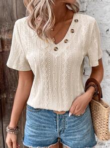 SHEIN LUNE Women's Solid Color V-Neck Short Sleeve T-Shirt - Apricot - View 1